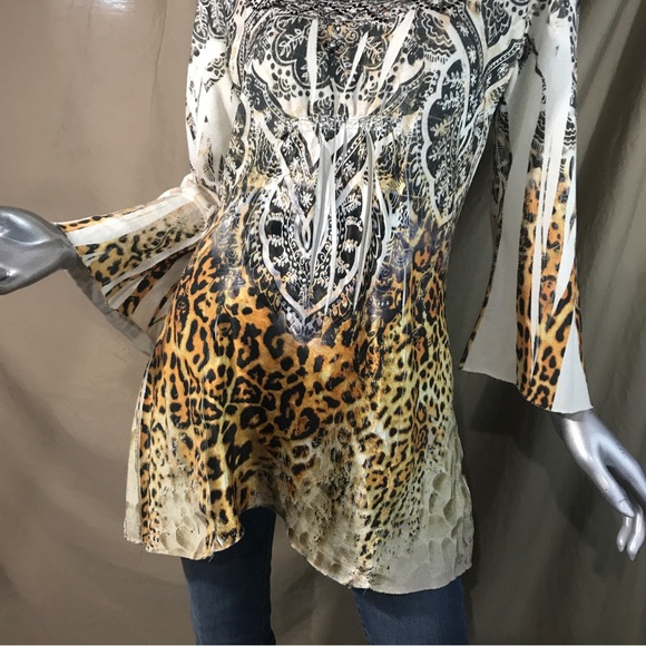 Bleu Womens Small Top Animal Print Flowy Y2K Colorful Stretch Knit Tunic Mandala - Picture 11 of 16